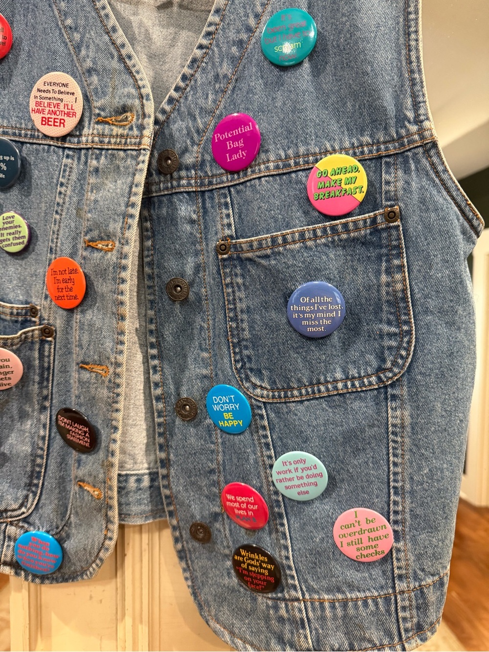 Denim Button-Front Vest with Pins